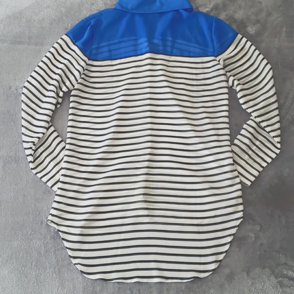 Tracy M. Sheer Colorblock Button-Up Striped High-Low Blouse - Picture 6 of 7